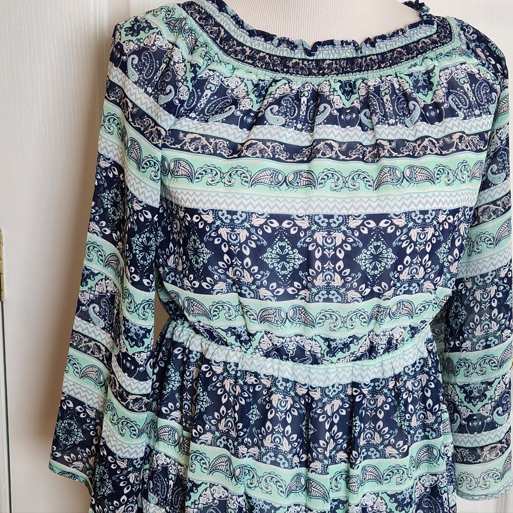 Alya By Francesca Womens Paisley Dress   Medium Blue & Mint Elastic Waist Short